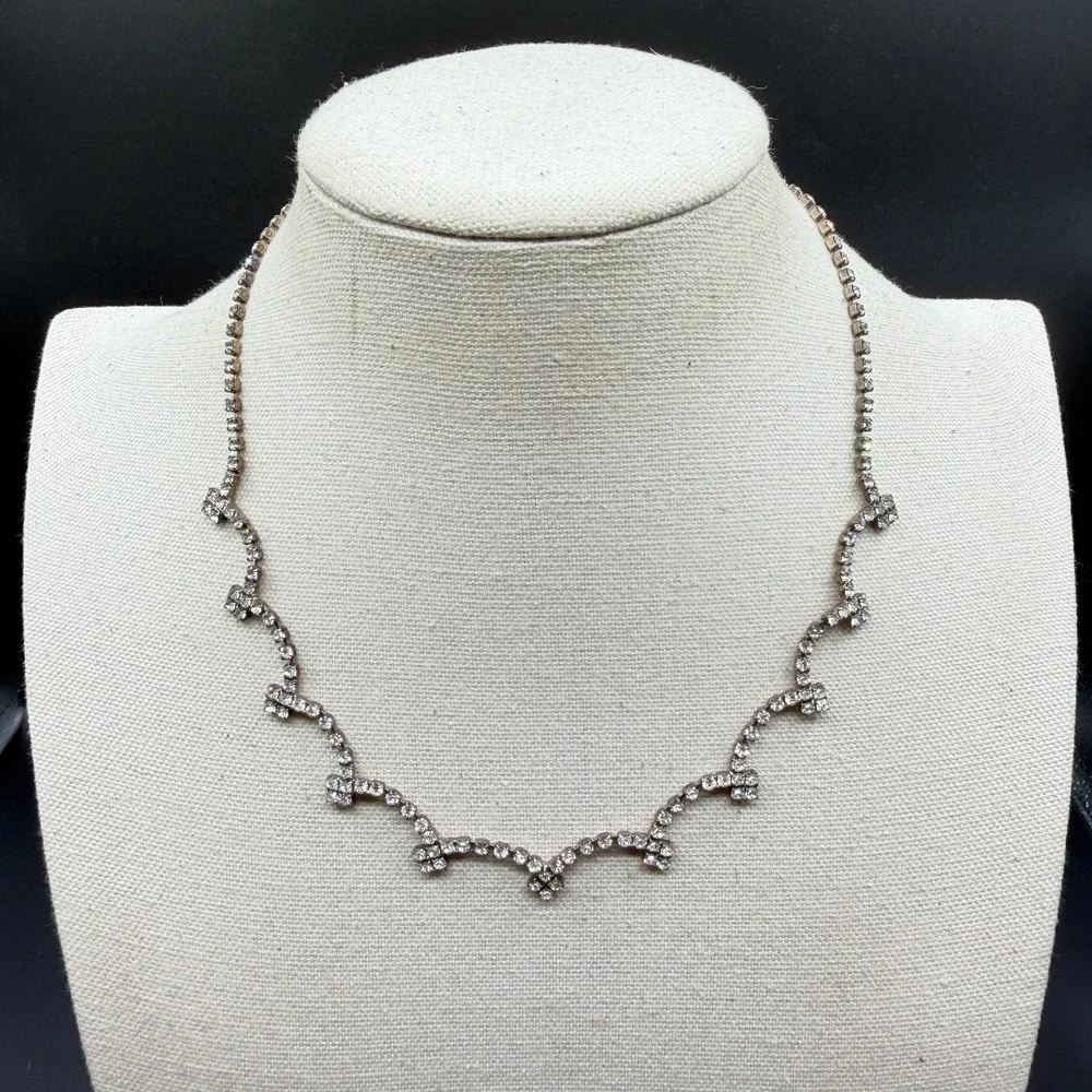 Clear Rhinestone Scalloped Choker Necklace Silver Tone Bridal Wedding Statement